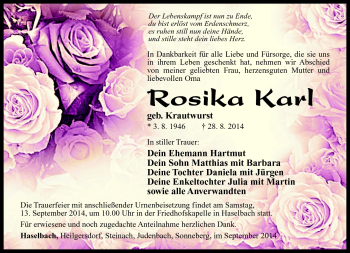 Traueranzeige von Rosika Karl von Südthüringer Presse