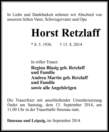 Traueranzeige von Horst Retzlaff von Südthüringer Presse