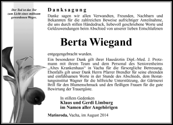 Traueranzeige von Berta Wiegand von Südthüringer Presse