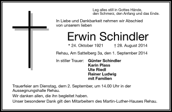 Traueranzeige von Erwin Schindler von Frankenpost