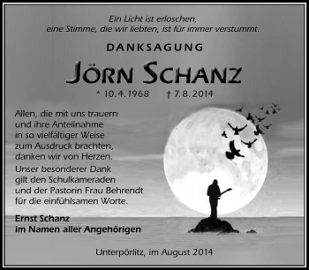 Traueranzeige von Jörn Schanz von Südthüringer Presse