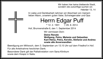 Traueranzeige von Edgar Puff von Frankenpost