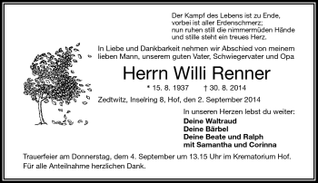 Traueranzeige von Willi Renner von Frankenpost