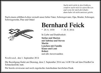 Traueranzeige von Bernhard Feick von Neue Presse Coburg