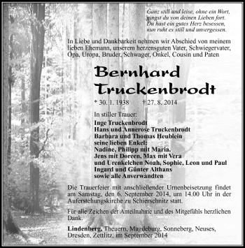 Traueranzeige von Bernhard Truckenbrodt von Südthüringer Presse