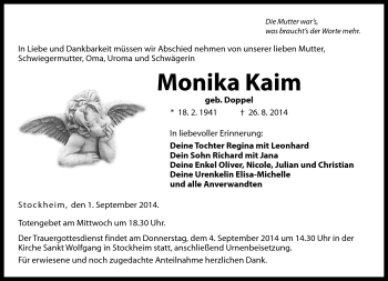 Traueranzeige von Monka Kaim von Neue Presse Coburg