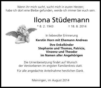 Traueranzeige von Ilona Stüdemann von Südthüringer Presse