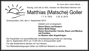 Traueranzeige von Matthias Goller von Frankenpost