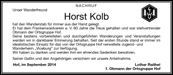 Traueranzeige von Horst Kolb von Frankenpost
