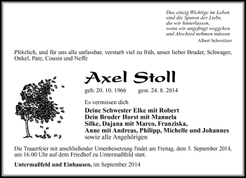 Traueranzeige von Axel Stoll von Südthüringer Presse