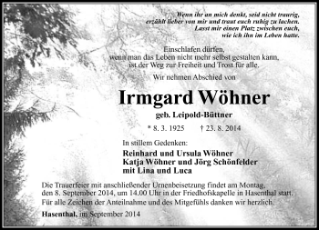 Traueranzeige von Irmgard Wöhner von Südthüringer Presse