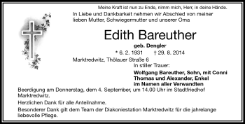 Traueranzeige von Edith Bareuther von Frankenpost