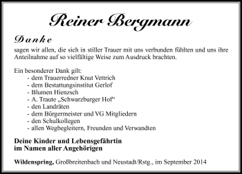 Traueranzeige von Reiner Bergmann von Südthüringer Presse