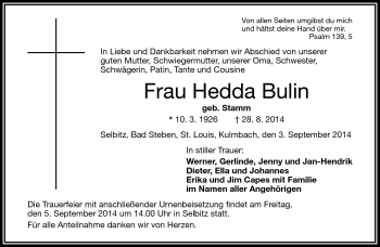 Traueranzeige von Hedda Bulin von Frankenpost