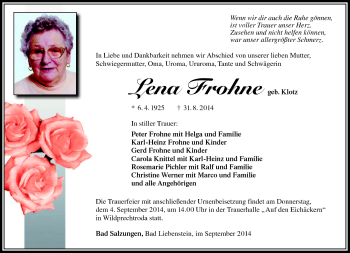 Traueranzeige von Lena Frohne von Südthüringer Presse