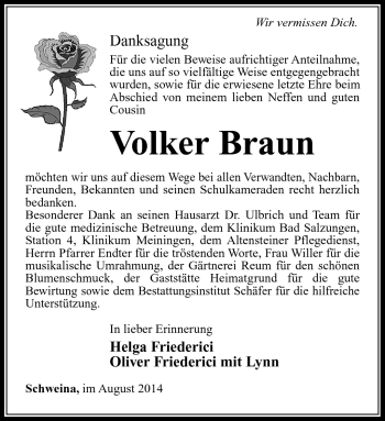 Traueranzeige von Volker Braun von Südthüringer Presse