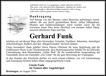 Traueranzeige von Gerhard Funk von Südthüringer Presse