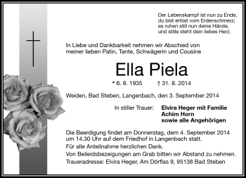 Traueranzeige von Ella Piela von Frankenpost