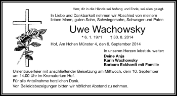 Traueranzeige von Uwe Wachowsky von Frankenpost