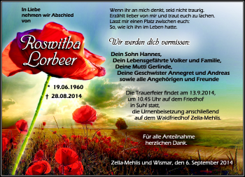 Traueranzeige von Roswitha Lorbeer von Südthüringer Presse