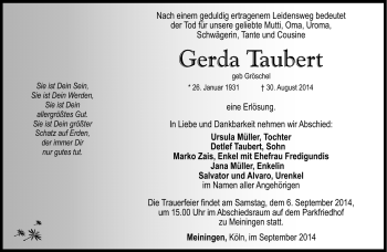 Traueranzeige von Gerta Taubert von Südthüringer Presse