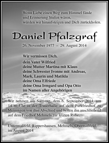 Traueranzeige von Daniel Pfalzgraf von Südthüringer Presse