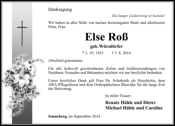 Traueranzeige von Else Roß von Südthüringer Presse