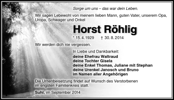 Traueranzeige von Horst Röhlig von Südthüringer Presse