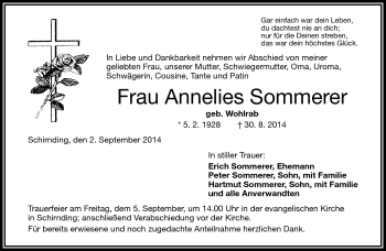 Traueranzeige von Annelies Sommerer von Frankenpost