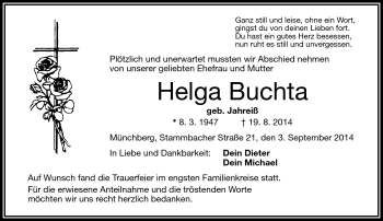 Traueranzeige von Helga Buchta von Frankenpost