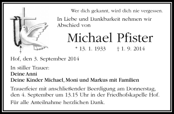 Traueranzeige von Michael Pfister von Frankenpost