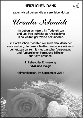 Traueranzeige von Ursula Schmidt von Südthüringer Presse