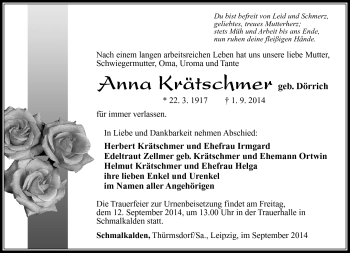 Traueranzeige von Anna Krätschmer von Südthüringer Presse