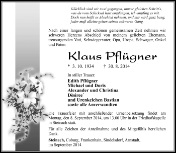 Traueranzeige von Klaus Pflügner von Südthüringer Presse