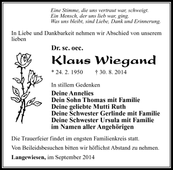 Traueranzeige von Klaus Wiegand von Südthüringer Presse