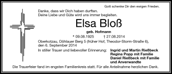 Traueranzeige von Elsa Böoß von Frankenpost