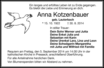 Traueranzeige von Anna Kotzenbauer von Frankenpost