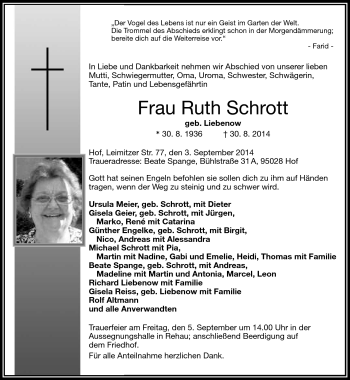 Traueranzeige von Ruth Schrott von Frankenpost