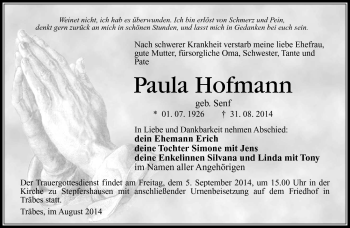 Traueranzeige von Paula Hofmann von Südthüringer Presse