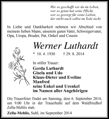 Traueranzeige von Werner Luthardt von Südthüringer Presse