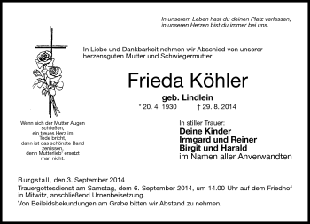 Traueranzeige von Frieda Köhler von Neue Presse Coburg