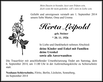 Traueranzeige von Herta Leipold von Südthüringer Presse
