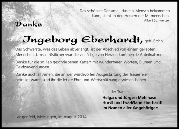 Traueranzeige von Ingeborg Eberhardt von Südthüringer Presse