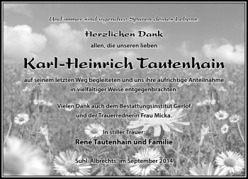 Traueranzeige von Karl-Heinrich Tautenhain von Südthüringer Presse