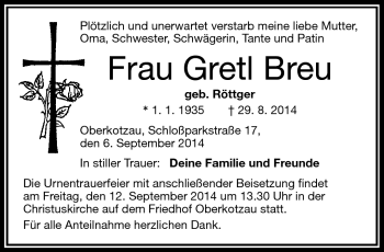 Traueranzeige von Gretl Breu von Frankenpost