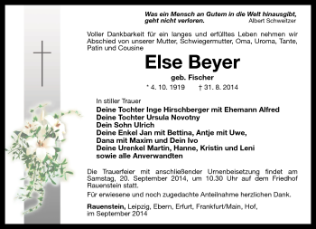 Traueranzeige von Else Beyer von Südthüringer Presse