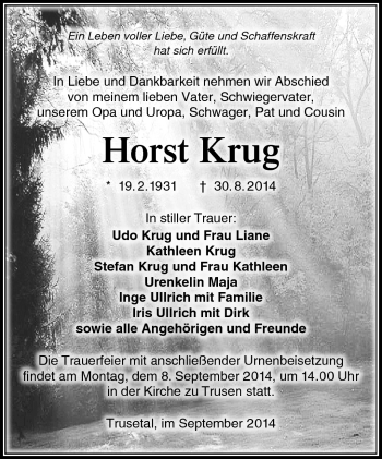 Traueranzeige von Horst Krug von Südthüringer Presse