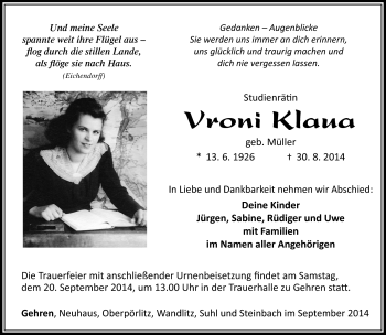 Traueranzeige von Vroni Klaua von Südthüringer Presse
