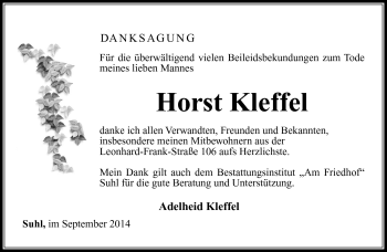 Traueranzeige von Horst Kleffel von Südthüringer Presse