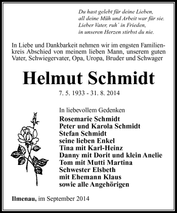 Traueranzeige von Helmut Schmidt von Südthüringer Presse